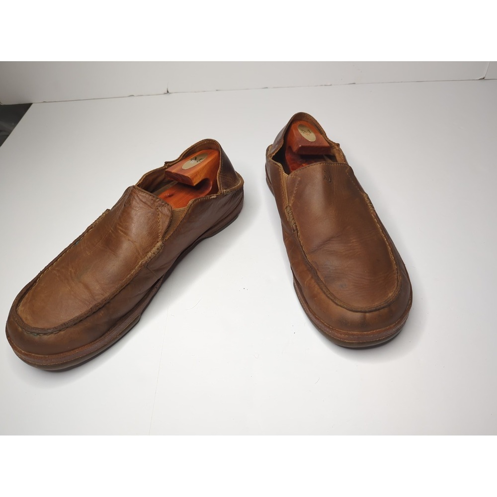 OLUKAI Moloa Mens 14 Leather Slip On Loafers Convertible Brown Moccasin Beach